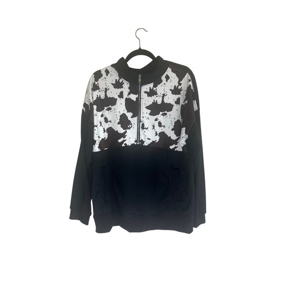 Unisex XL Cow Print Quarter-Zip Pullover Sweatshirt Black White Polyester - Picture 7 of 15